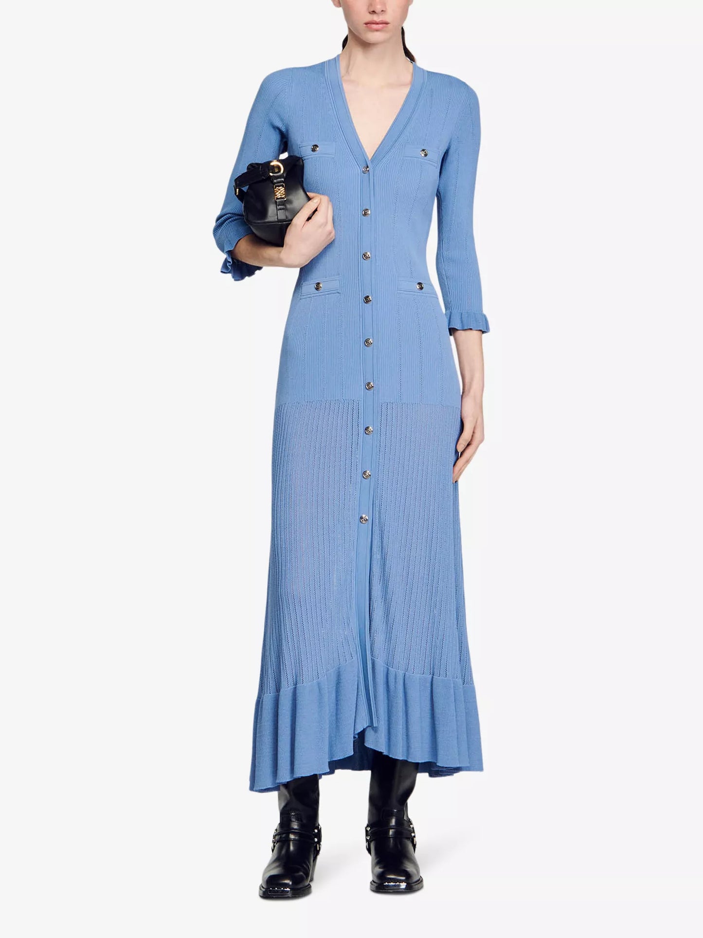 Women Blue Ruffles Knitted Dress Single Breasted V-Neck Long Sleeve Slim Summer 2024 Midi Robe
