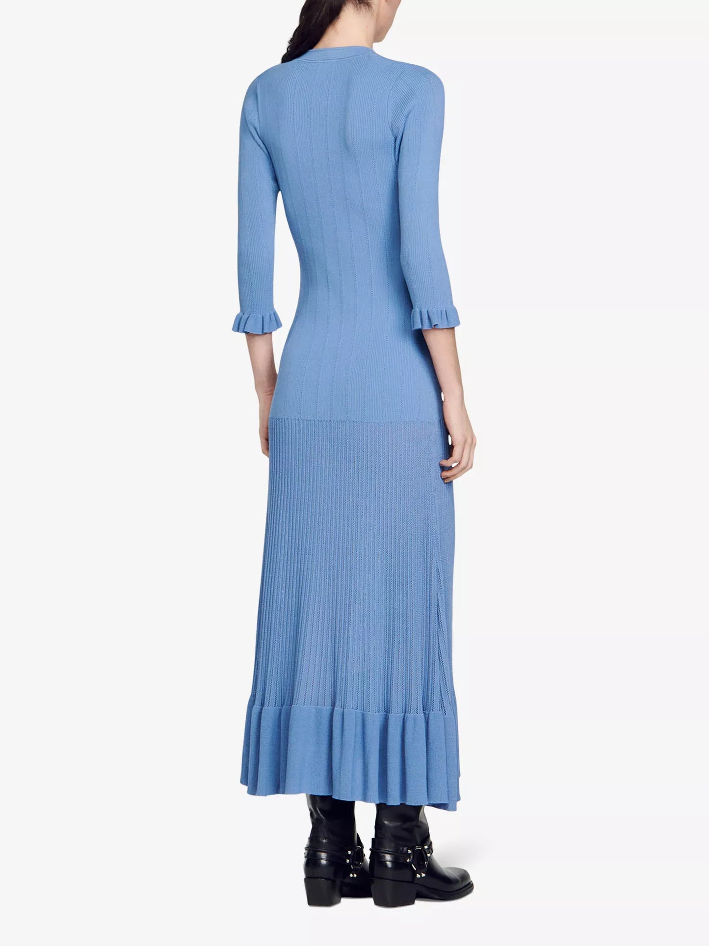 Women Blue Ruffles Knitted Dress Single Breasted V-Neck Long Sleeve Slim Summer 2024 Midi Robe